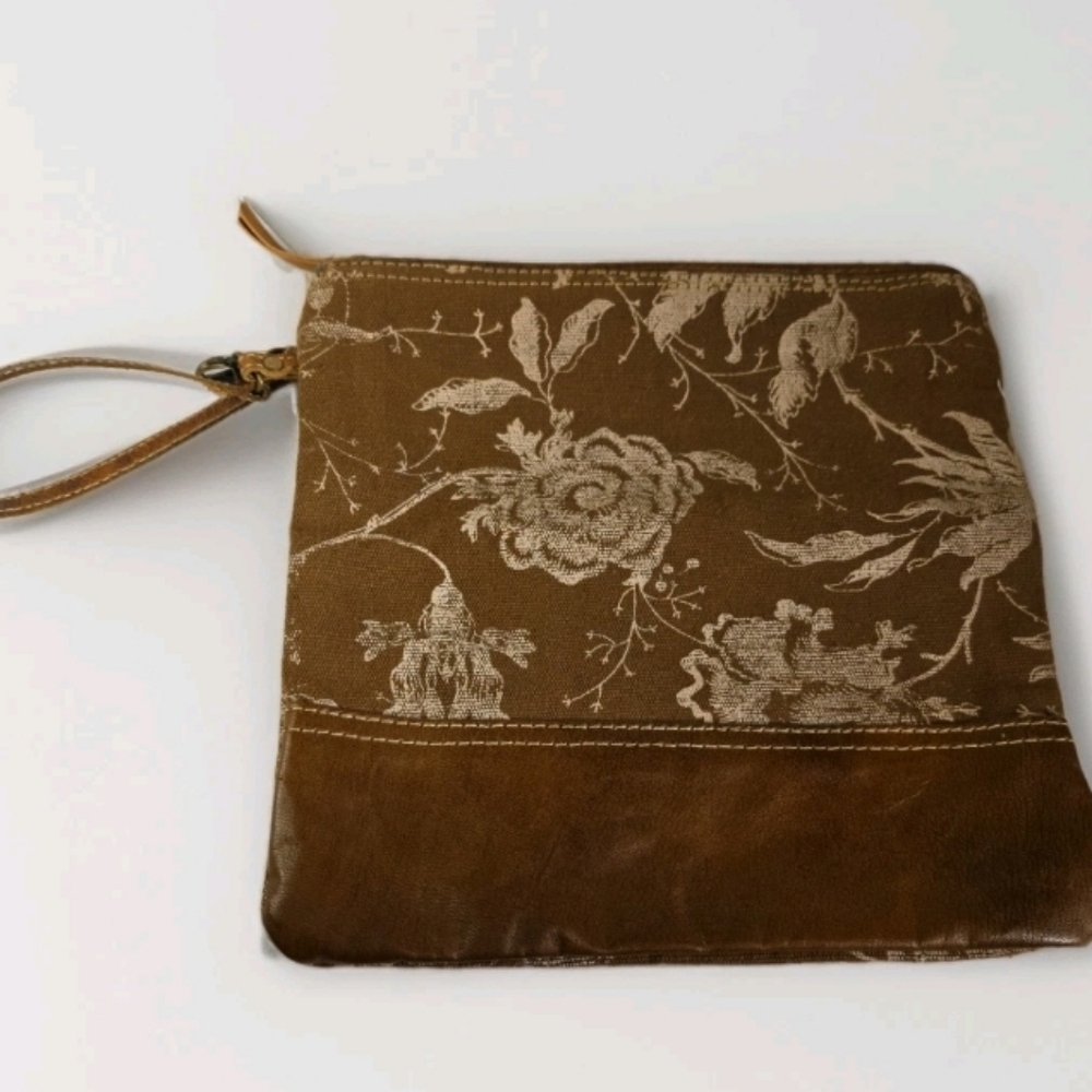 Myra Starlit Pouch Wristlet Upcycled Canvas Leather Floral Boho EUC  Brown Cream